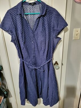 ellos Navy and White Polka Dot Shirt Midi Dress